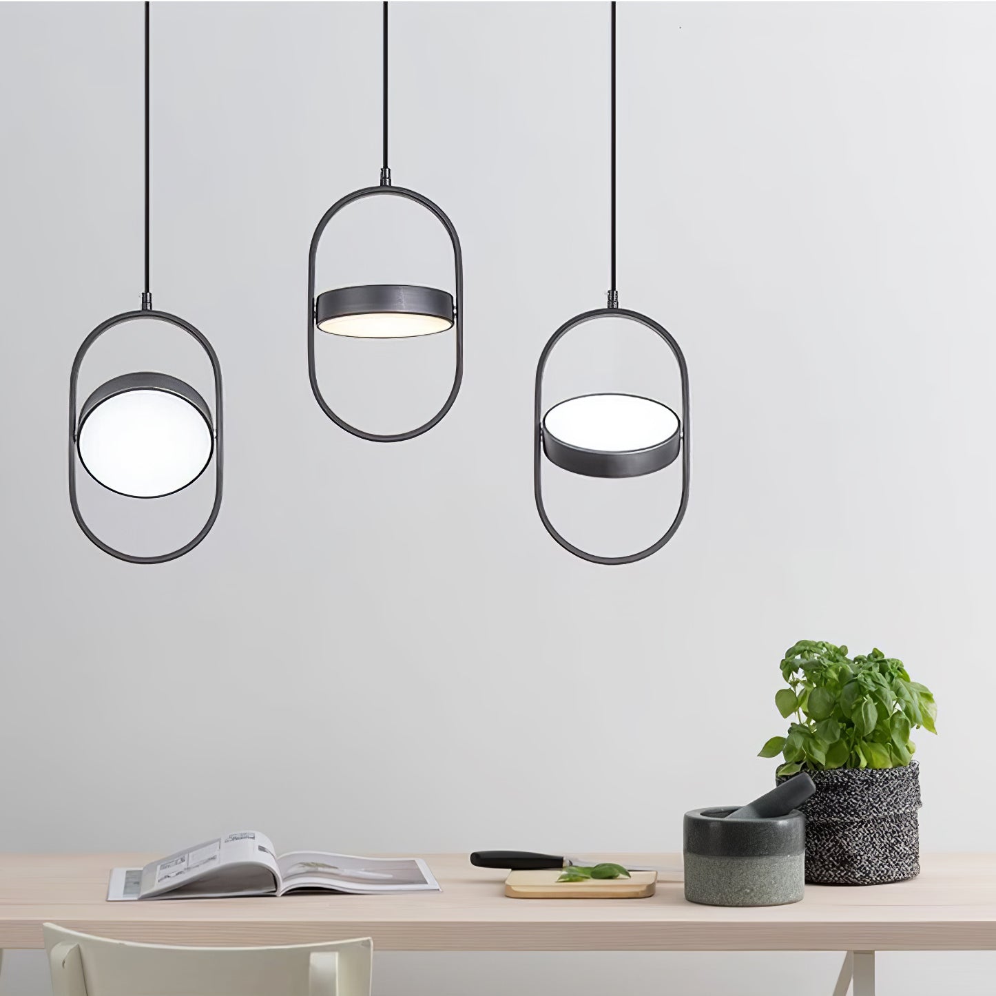 Modern KUU Rotating Circle LED Pendant Light Moon Inspired Adjustable Ring Hanging Lamp