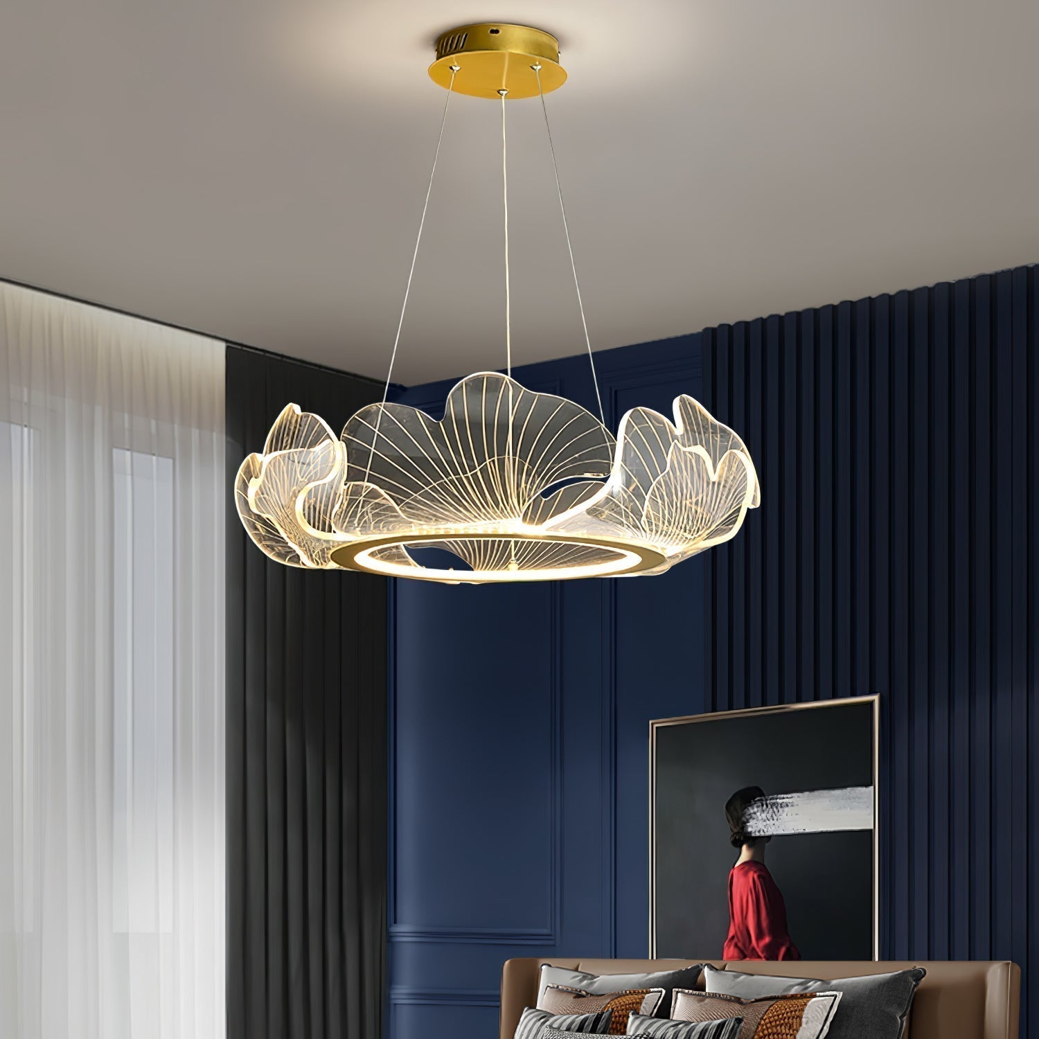 Modern Leaf Shaped LED Chandelier Gold Scallop Edge Pendant Lighting for Living Room
