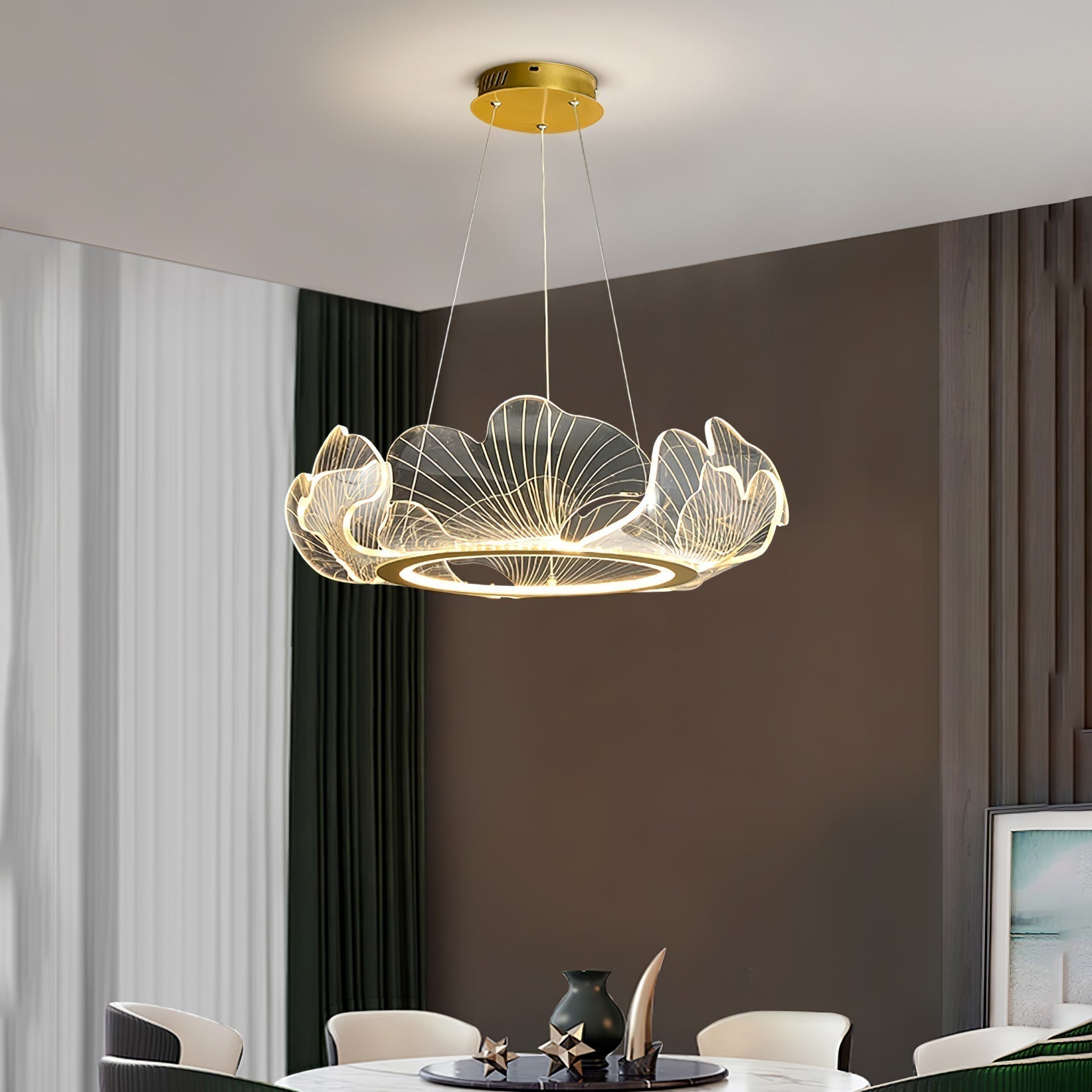 Modern Leaf Shaped LED Chandelier Gold Scallop Edge Pendant Lighting for Living Room