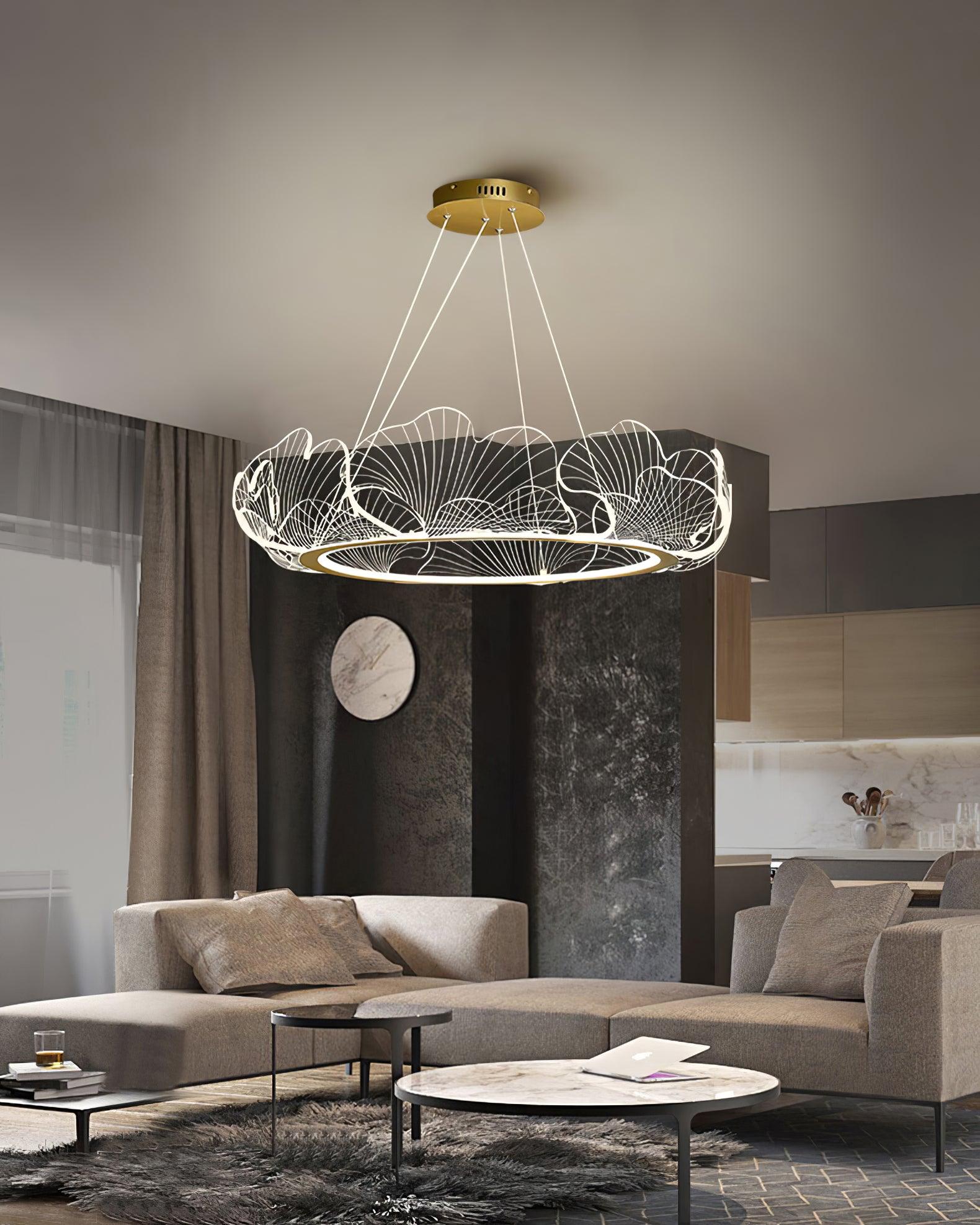 Modern Leaf Shaped LED Chandelier Gold Scallop Edge Pendant Lighting for Living Room