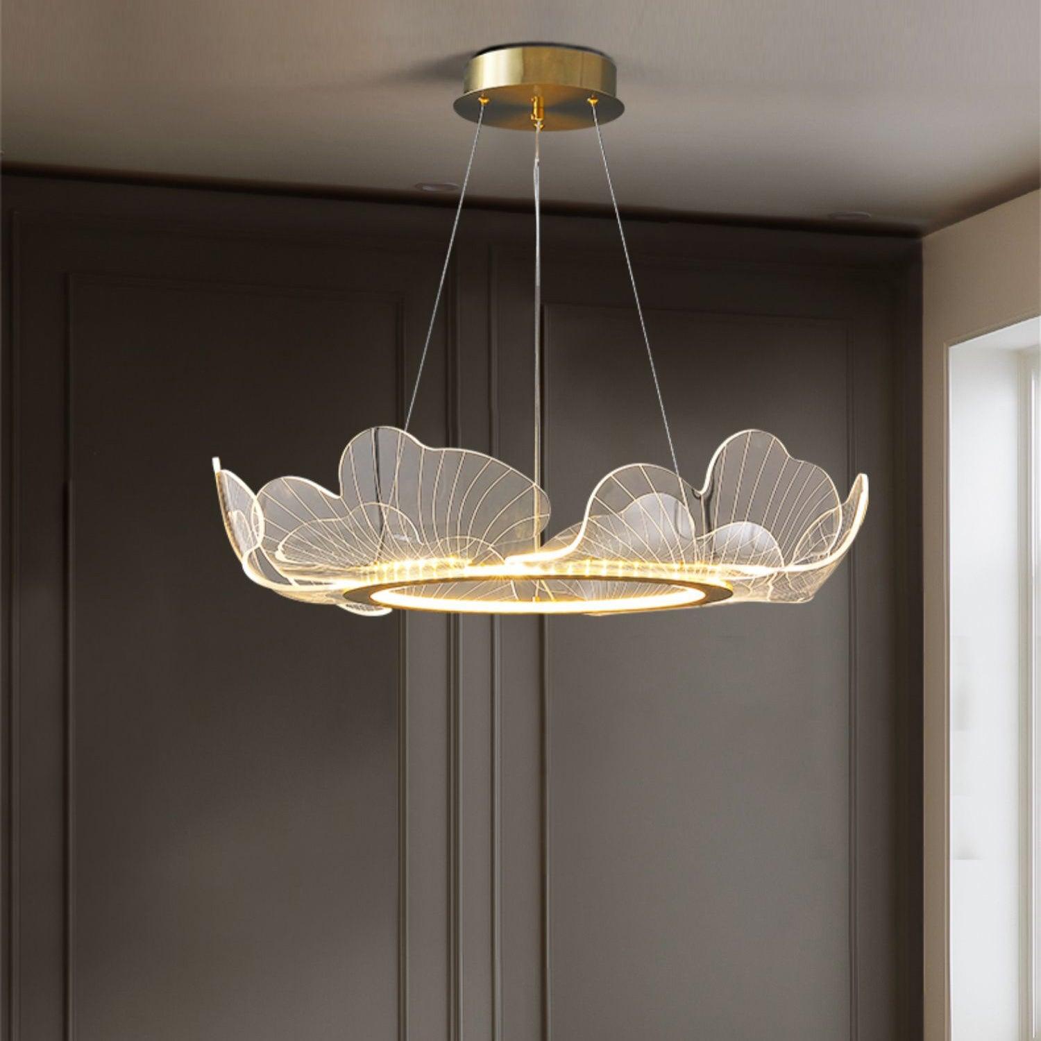 Modern Leaf Shaped LED Chandelier Gold Scallop Edge Pendant Lighting for Living Room