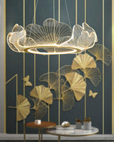 Modern Leaf Shaped LED Chandelier Gold Scallop Edge Pendant Lighting for Living Room