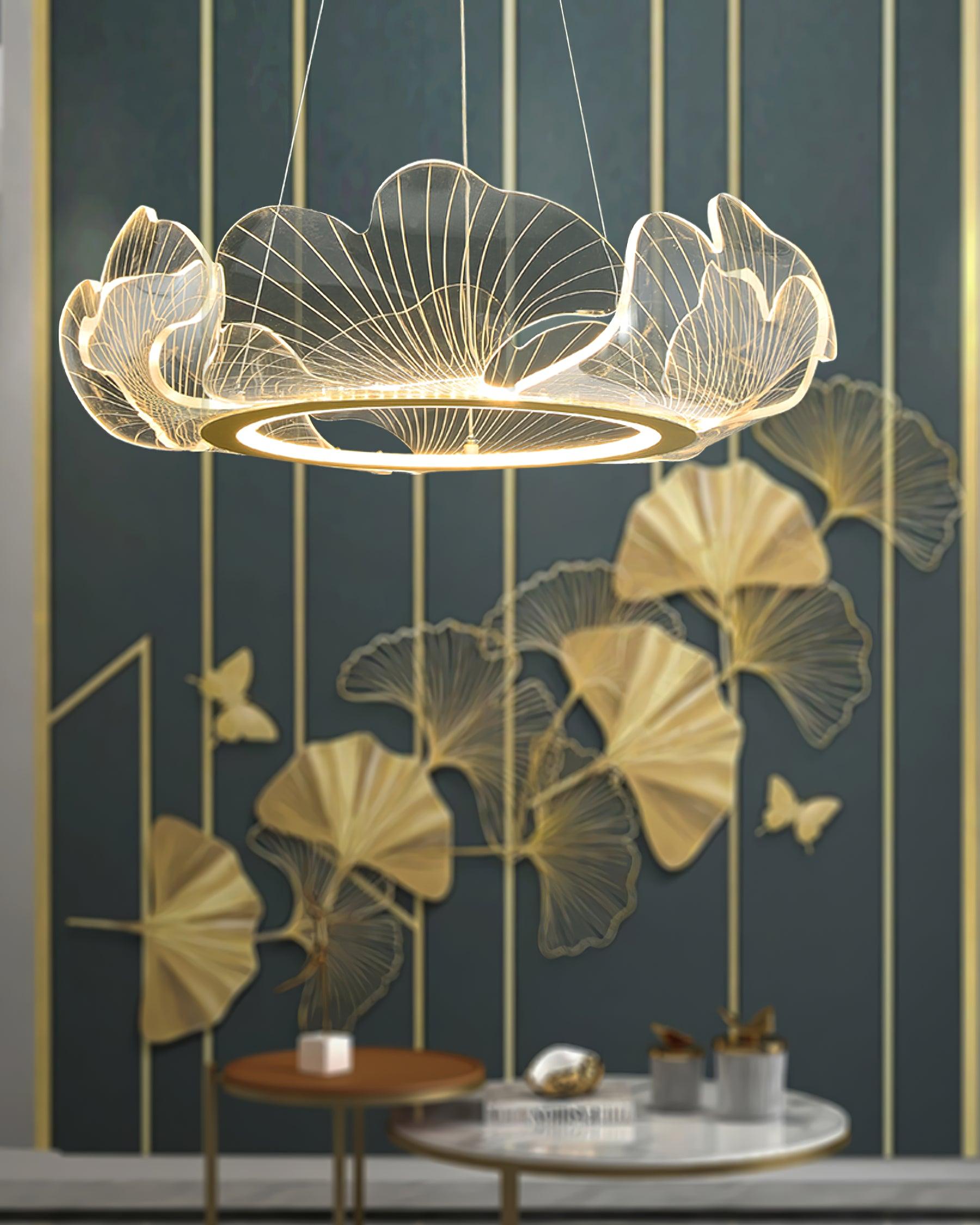 Modern Leaf Shaped LED Chandelier Gold Scallop Edge Pendant Lighting for Living Room