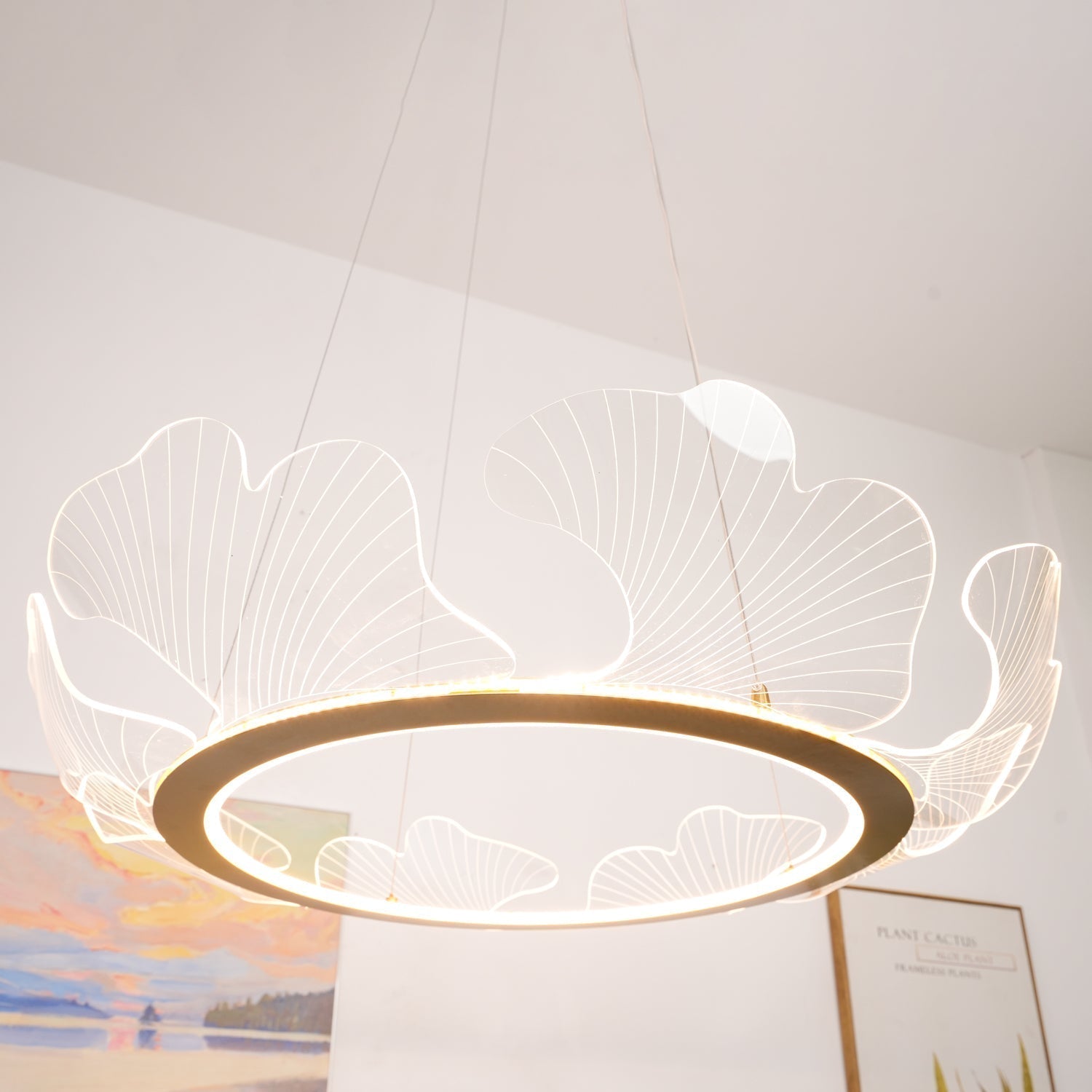 Modern Leaf Shaped LED Chandelier Gold Scallop Edge Pendant Lighting for Living Room