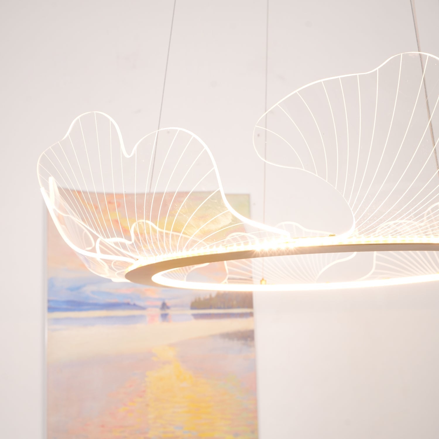 Modern Leaf Shaped LED Chandelier Gold Scallop Edge Pendant Lighting for Living Room