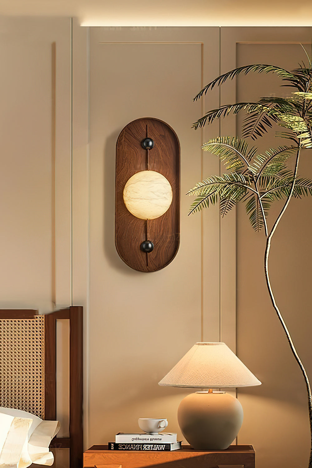 Modern LED Alabaster Wall Sconce Walnut Wood Indoor Lighting for Living Room Hallway Bedroom
