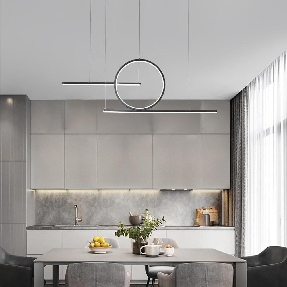 Modern LED Circle Linear Chandelier Adjustable Pendant Light for Dining Room Black and Gold
