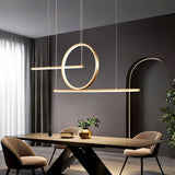 Modern LED Circle Linear Chandelier Adjustable Pendant Light for Dining Room Black and Gold