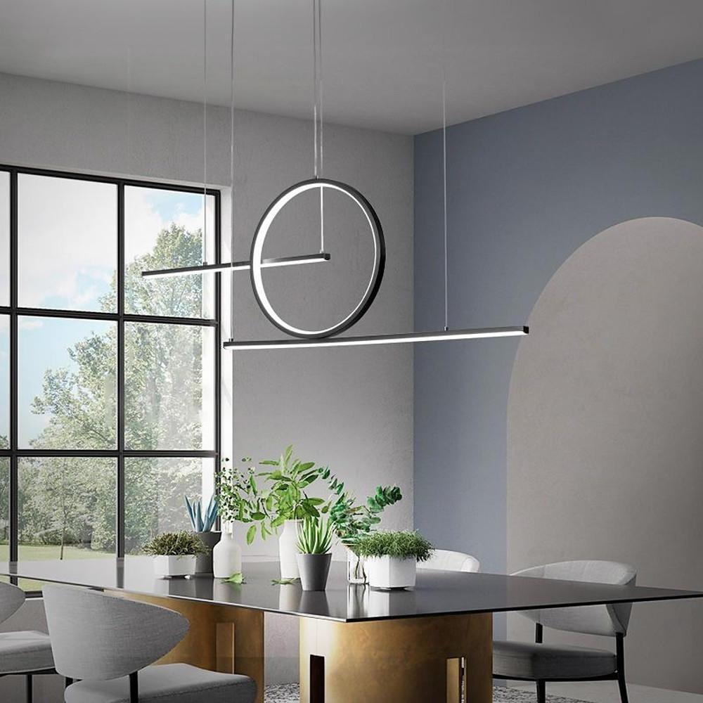 Modern LED Circle Linear Chandelier Adjustable Pendant Light for Dining Room Black and Gold