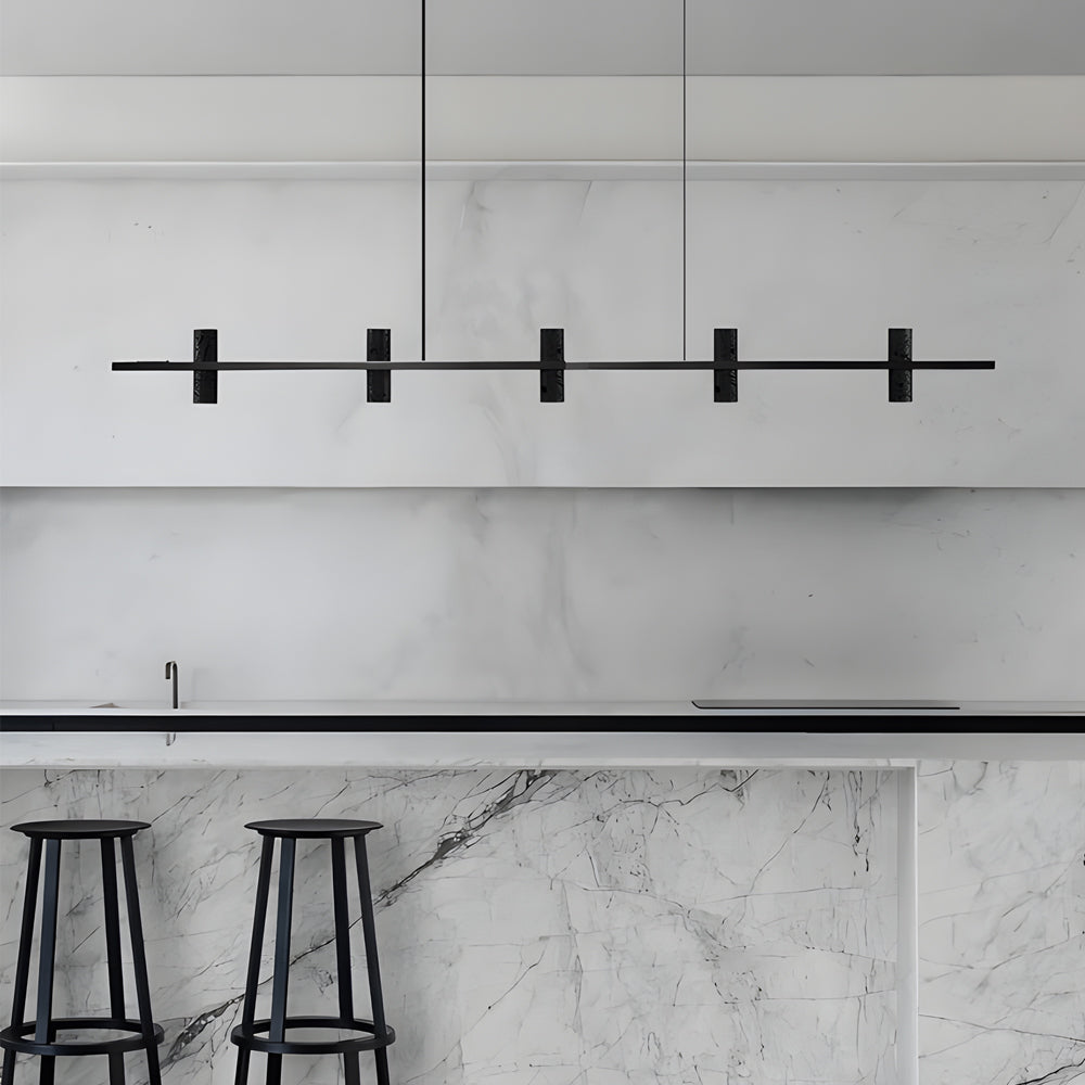 Modern LED Linear Kitchen Island Pendant Light with Black Travertine Stone Shades and Copper Frame