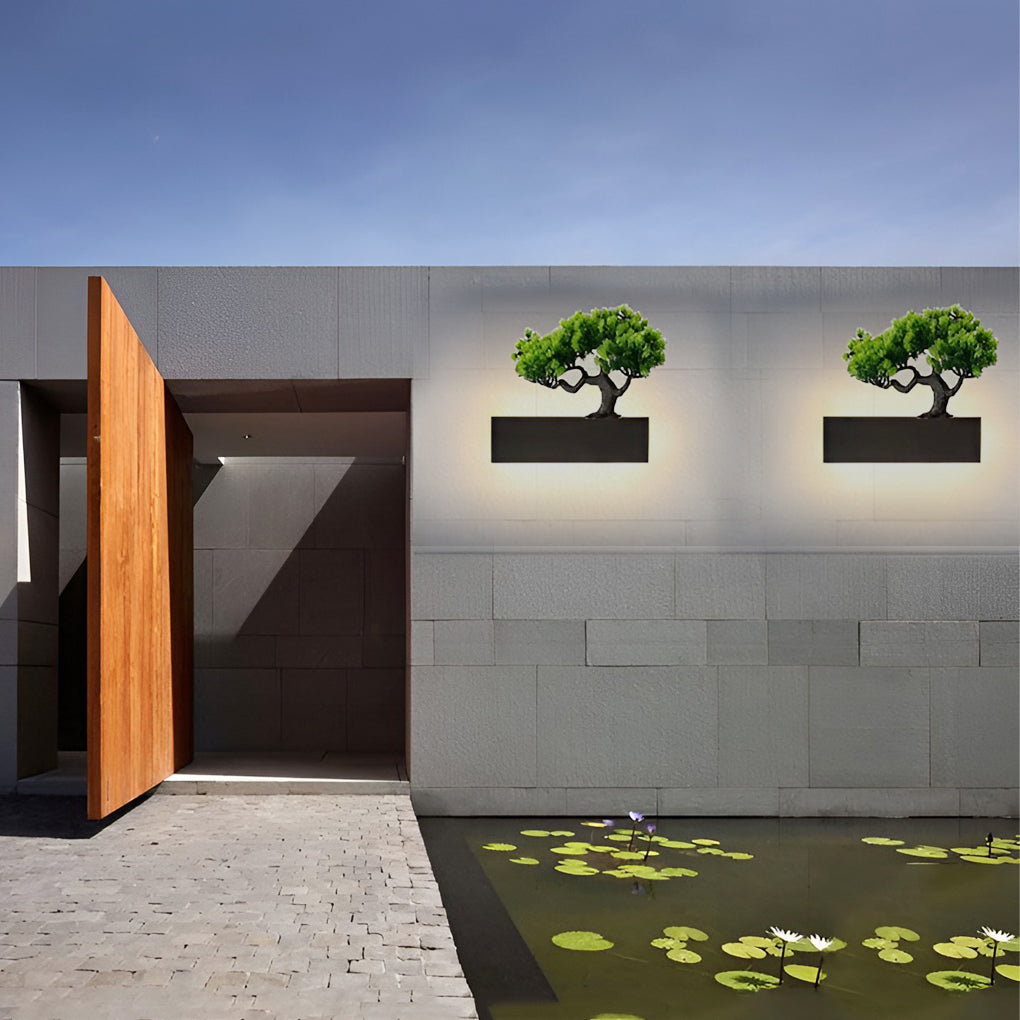 Modern LED Linear Outdoor Wall Light Waterproof Exterior Sconce with Faux Plant Decoration