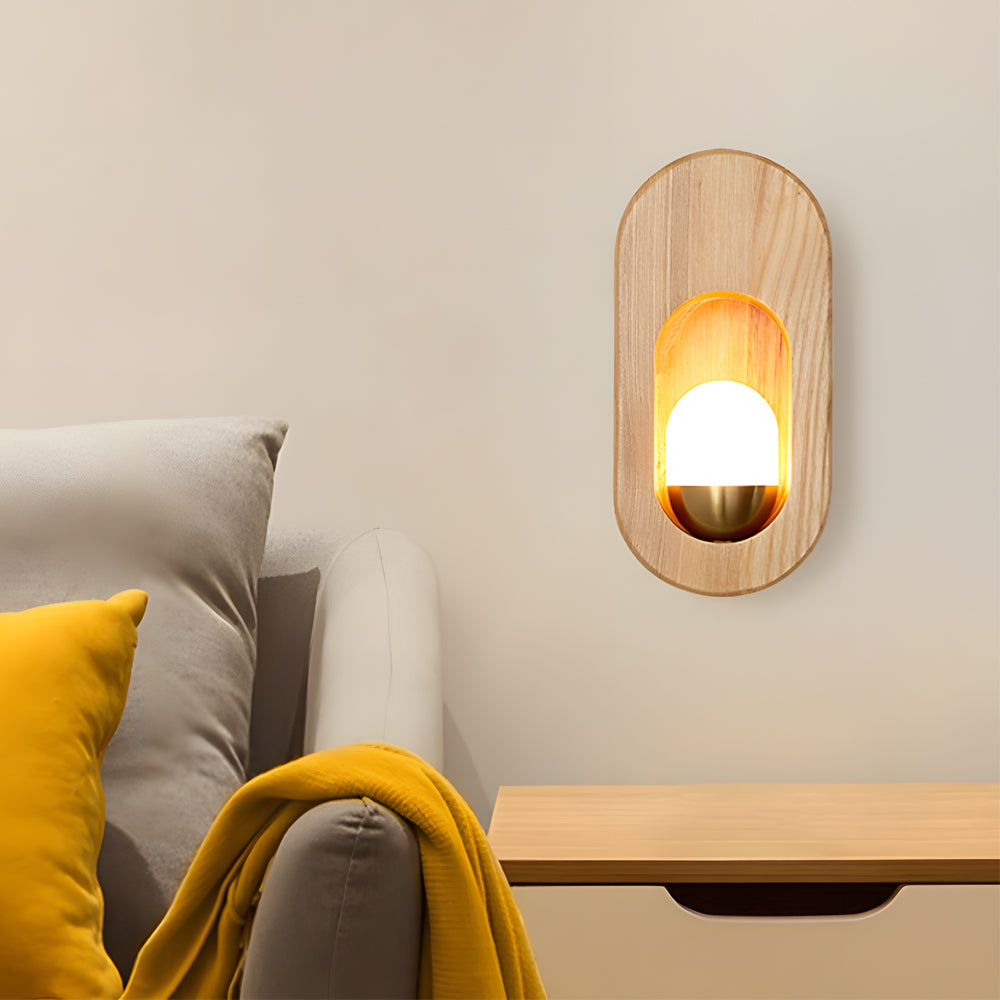 Modern LED Oval Wood Wall Sconce with Walnut Finish for Bedroom and Hallway Lighting