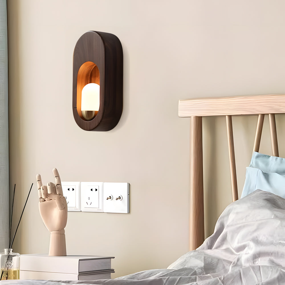 Modern LED Oval Wood Wall Sconce with Walnut Finish for Bedroom and Hallway Lighting