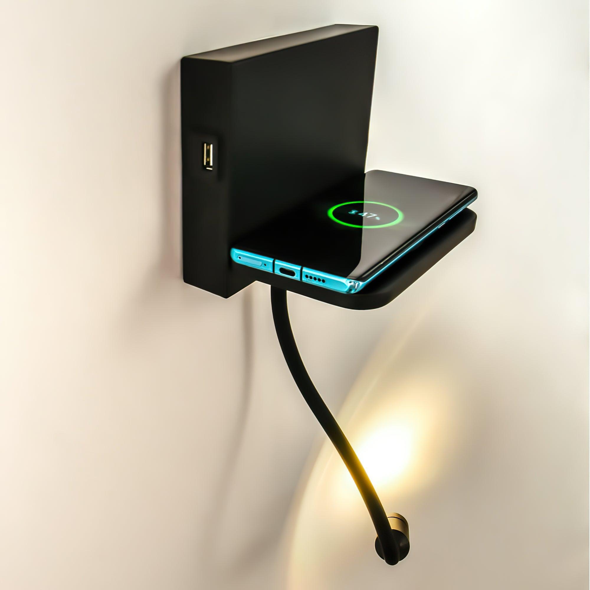 Modern LED Reading Wall Sconce with Wireless Charging Pad and Adjustable Rotary Head