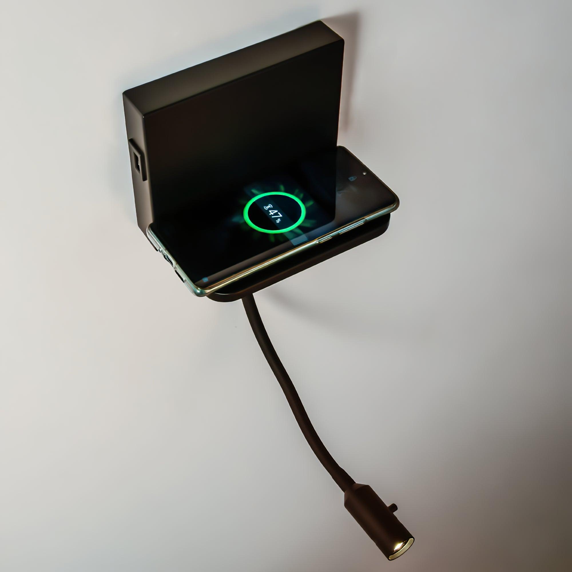 Modern LED Reading Wall Sconce with Wireless Charging Pad and Adjustable Rotary Head