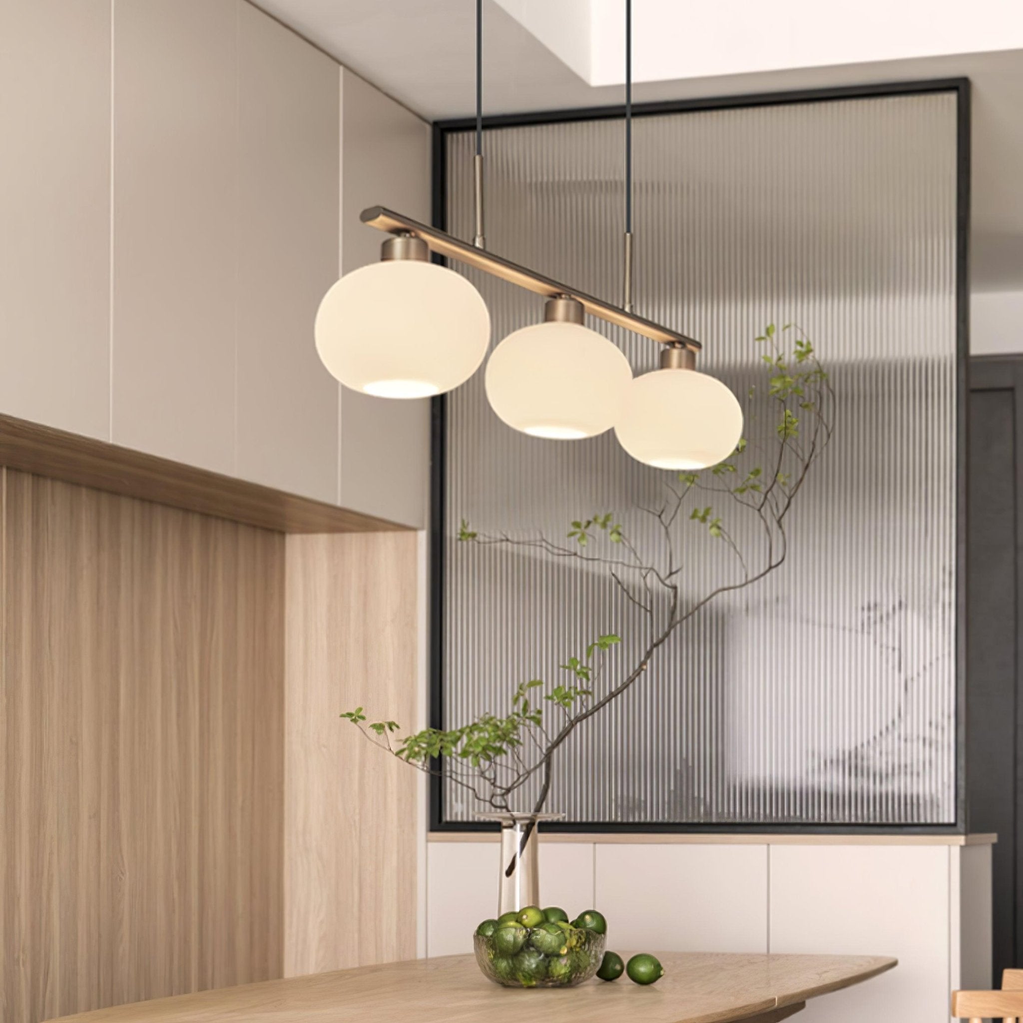 Modern Linear 3 Light Pendant with Globe Glass Shades and Adjustable Height