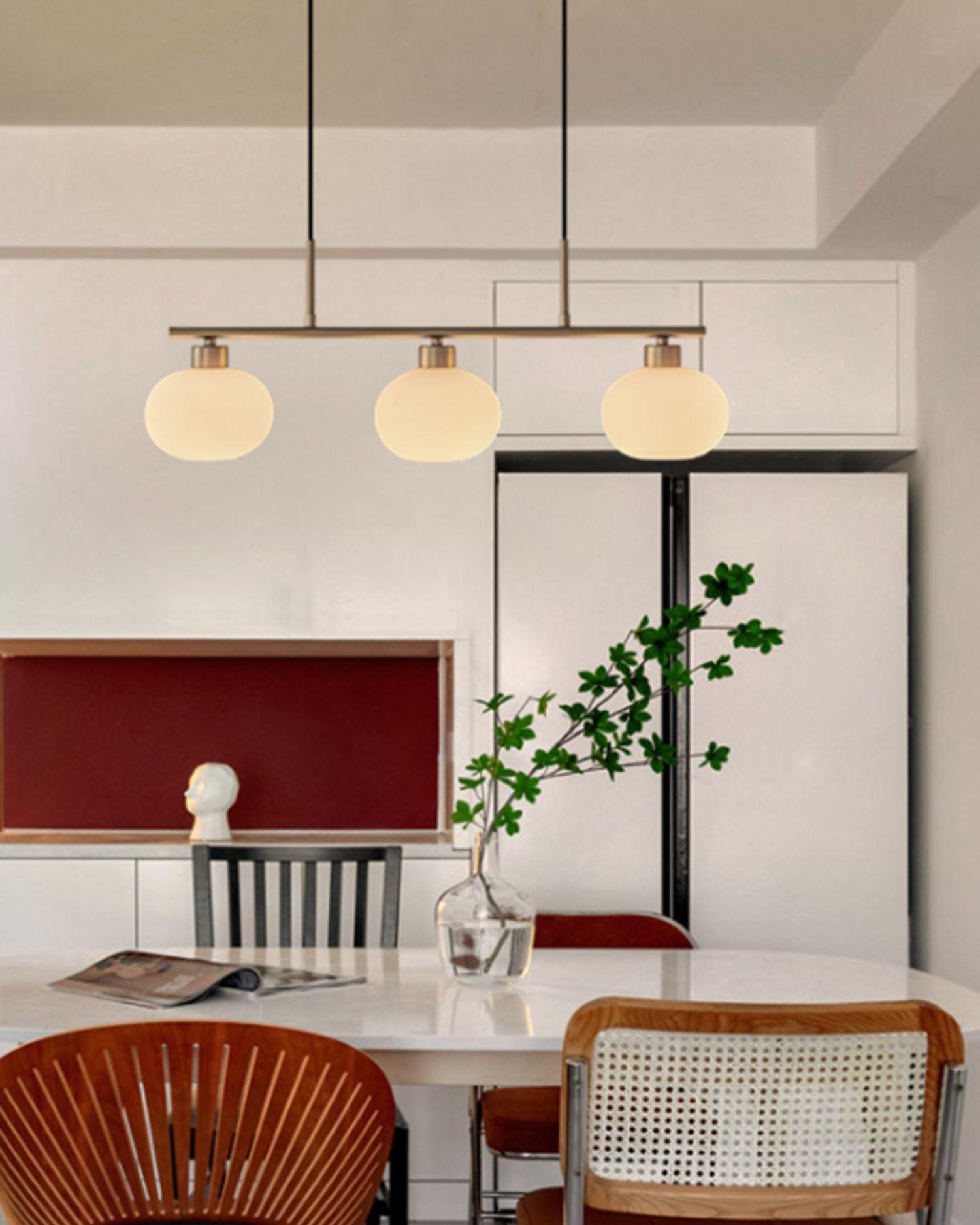 Modern Linear 3 Light Pendant with Globe Glass Shades and Adjustable Height