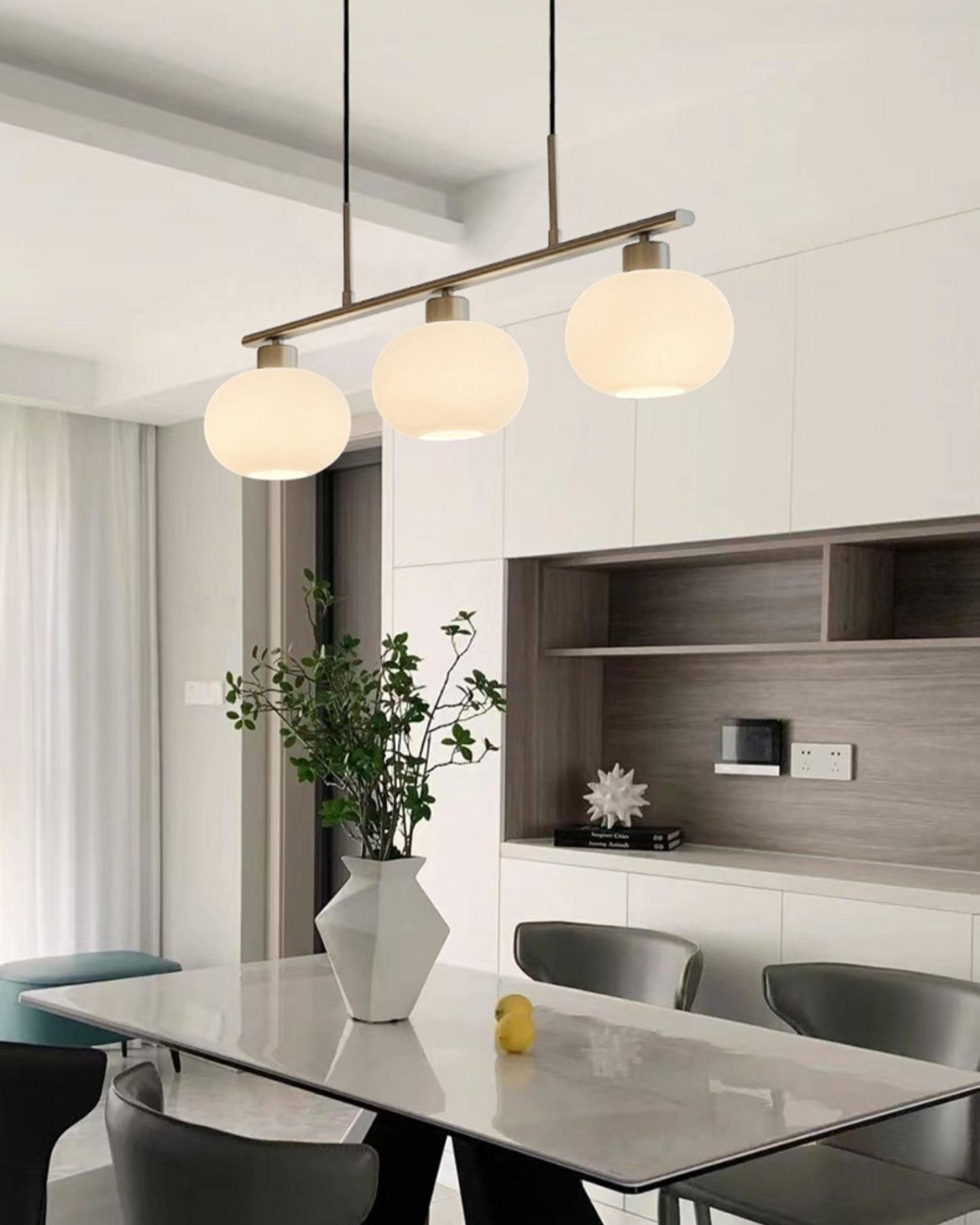 Modern Linear 3 Light Pendant with Globe Glass Shades and Adjustable Height