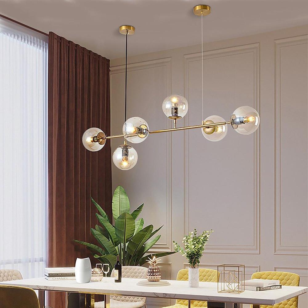 Modern Linear Glass Globe Chandelier Gold Sputnik Pendant Light for Dining Room 4 or 6 Heads