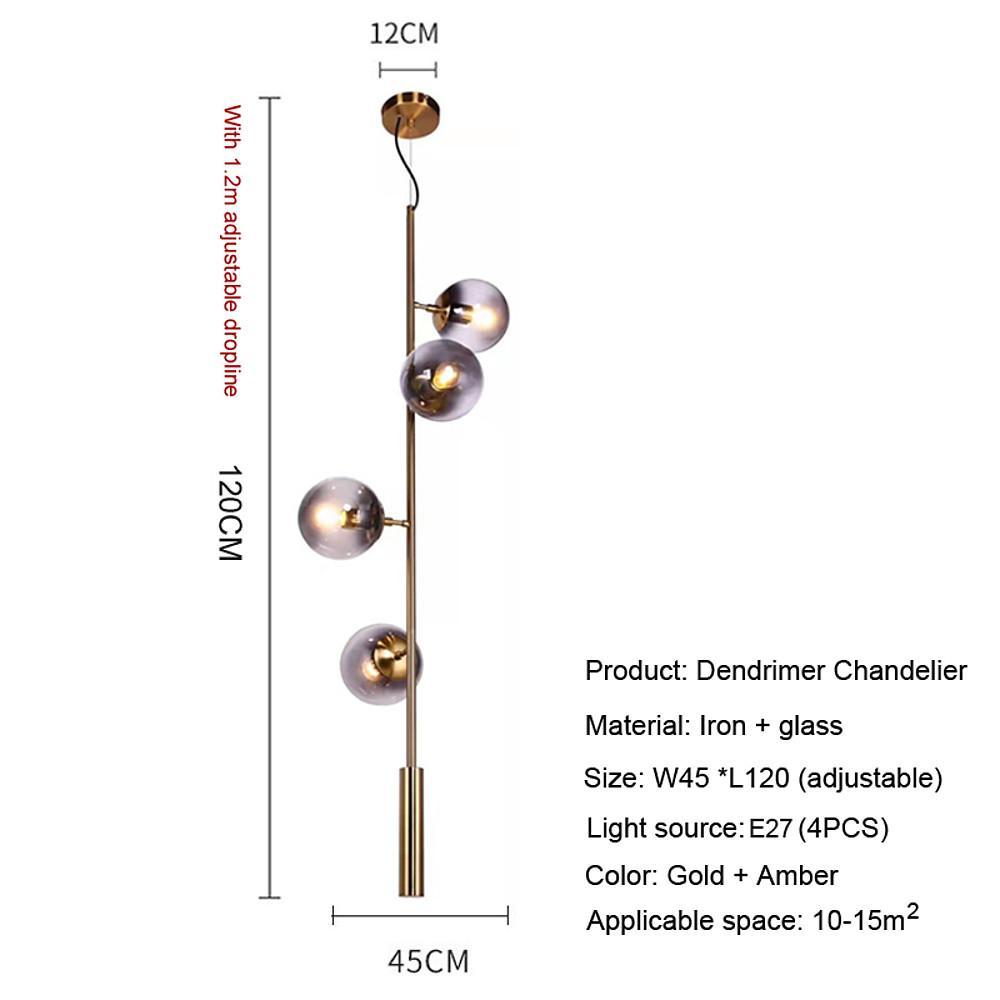 Modern Linear Glass Globe Chandelier Gold Sputnik Pendant Light for Dining Room 4 or 6 Heads