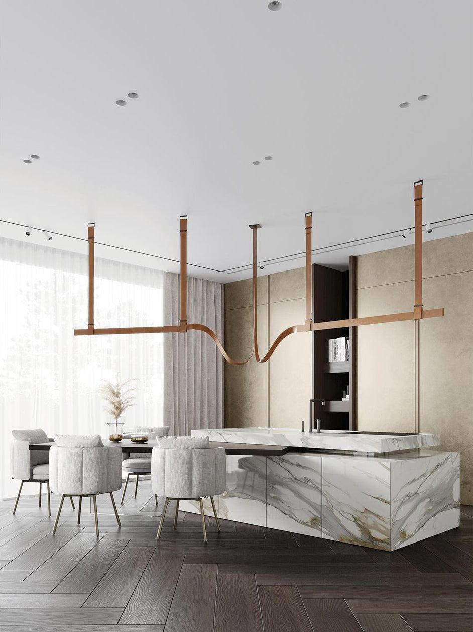 Modern Linear Leather Belt LED Pendant Light Horizontal Suspended Ceiling Chandelier