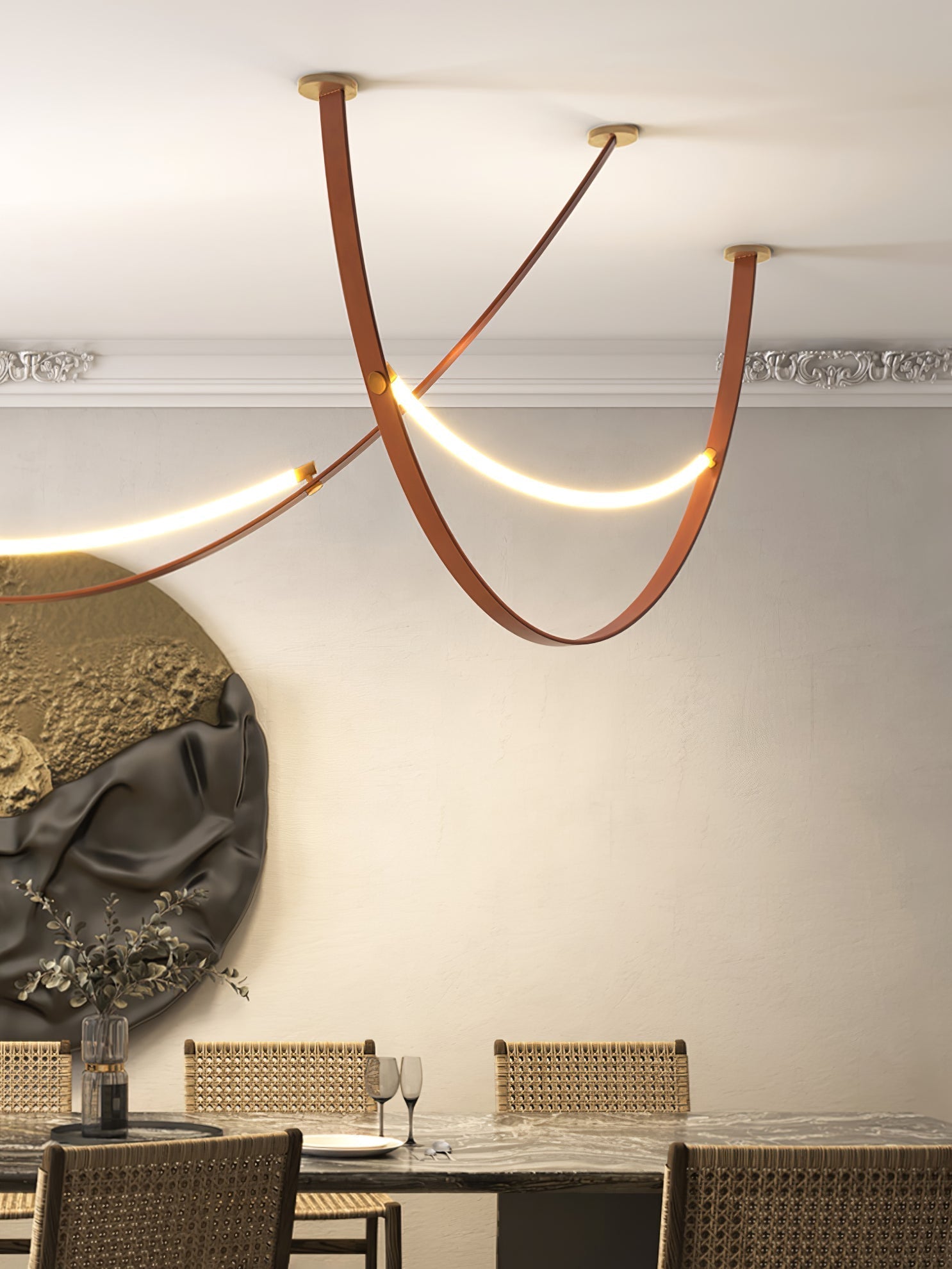 Modern Linear Leather Belt Pendant Light LED Minimalist Ceiling Hanging Lamp