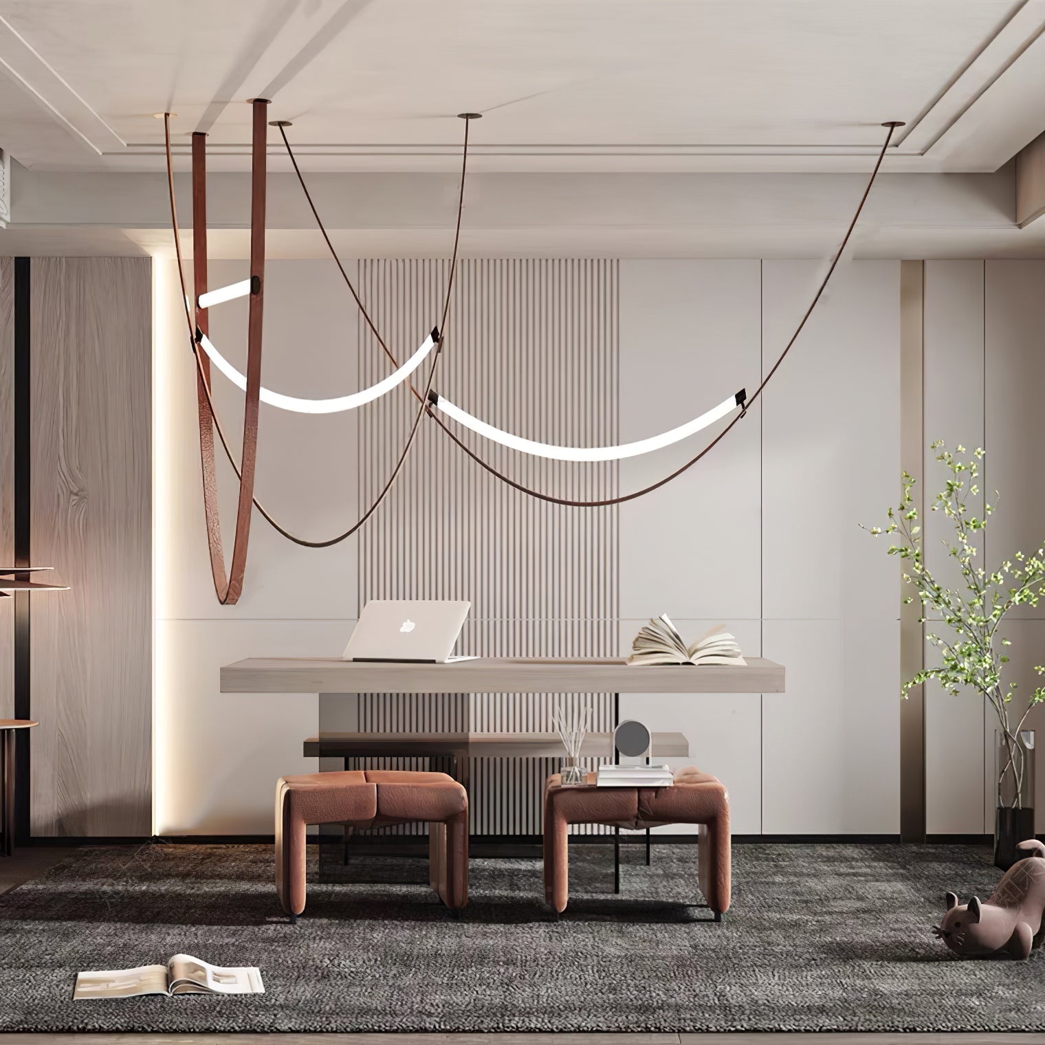 Modern Linear Leather Belt Pendant Light LED Minimalist Ceiling Hanging Lamp