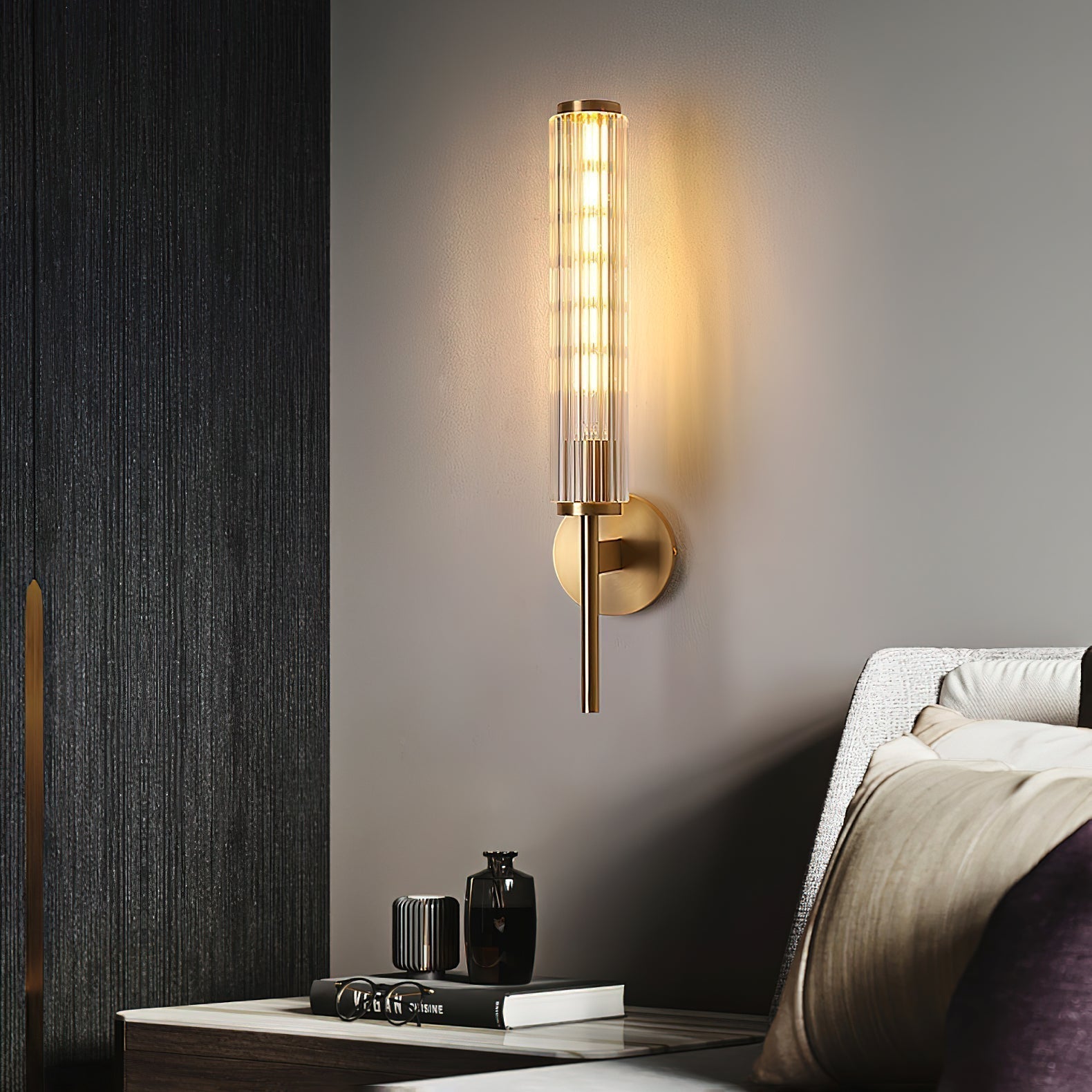 Modern Linear LED Glass Wall Sconce Brass and Black Finish Vanity Light for Indoor Spaces