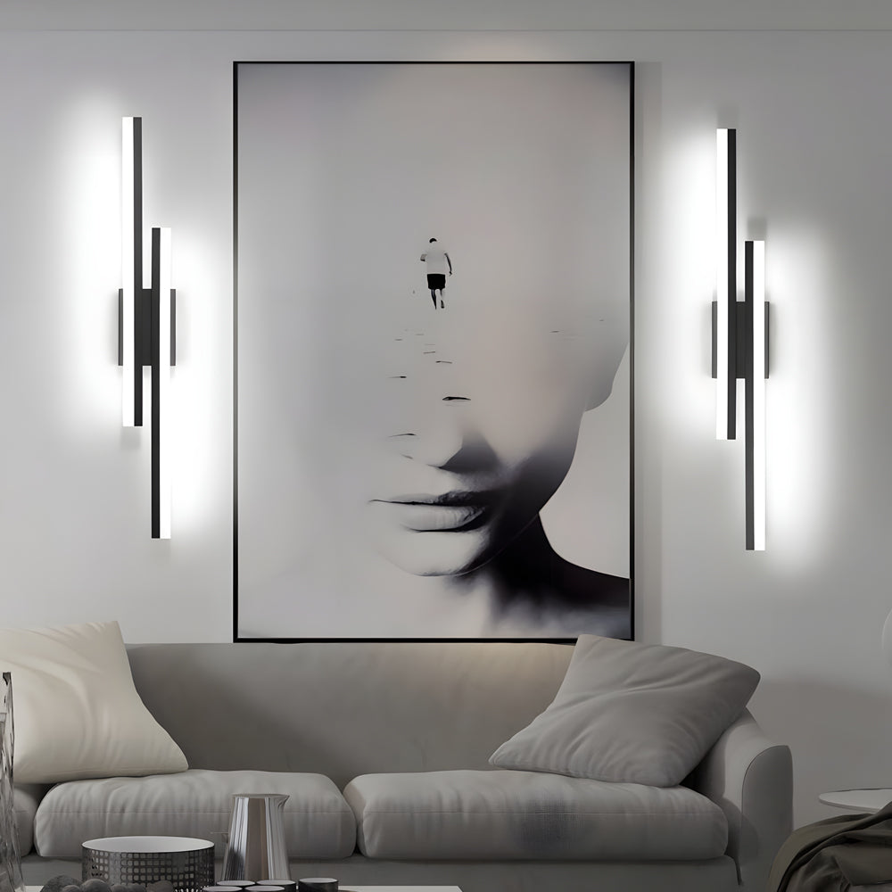 Modern Linear LED Wall Sconce with Dual Staggered Bars and 3 Color Modes in Black or Gold