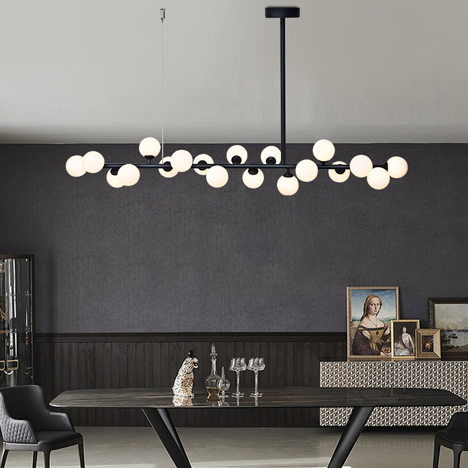 Modern Linear Multi Light Glass Ball Chandelier for Kitchen Island and Dining Room