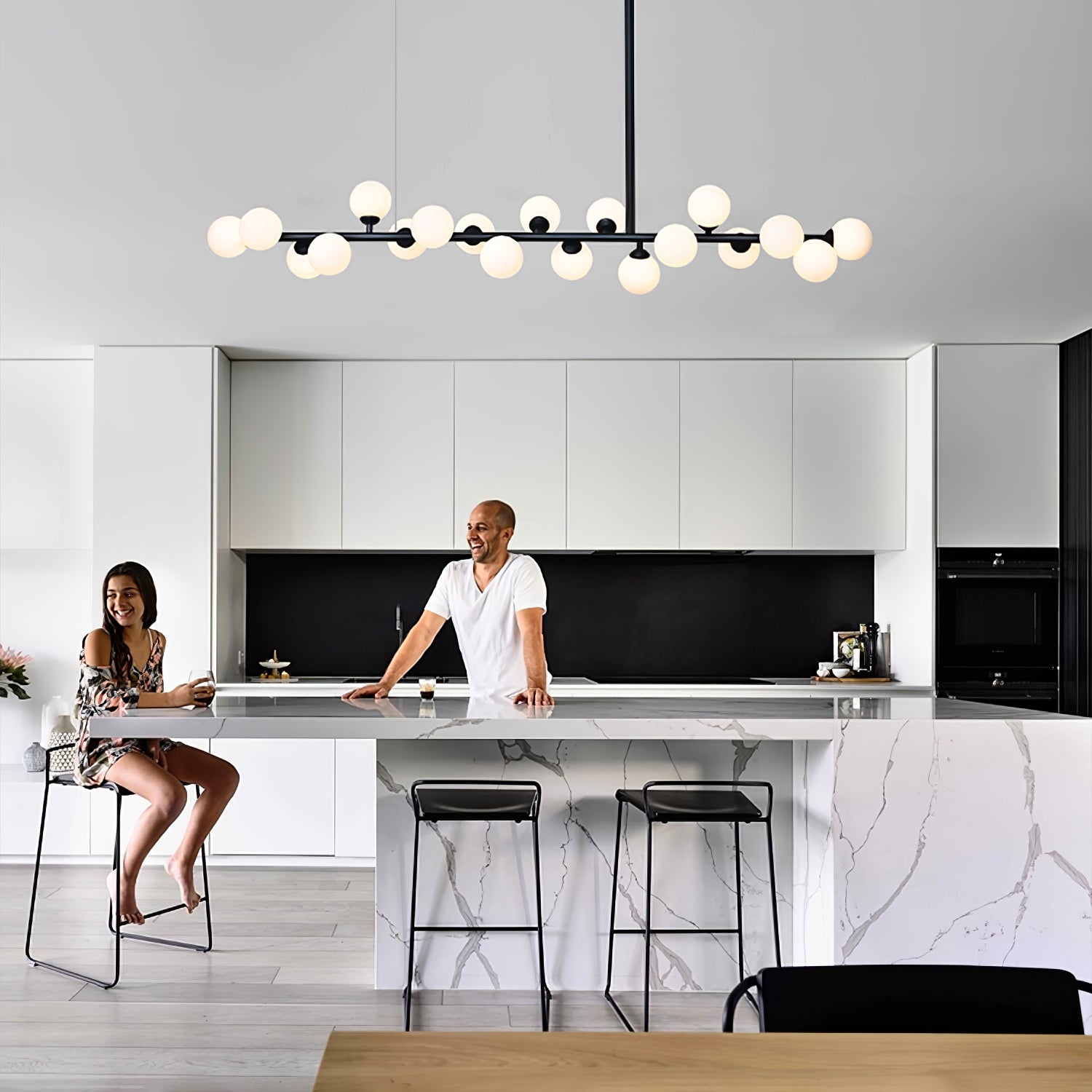 Modern Linear Multi Light Glass Ball Chandelier for Kitchen Island and Dining Room