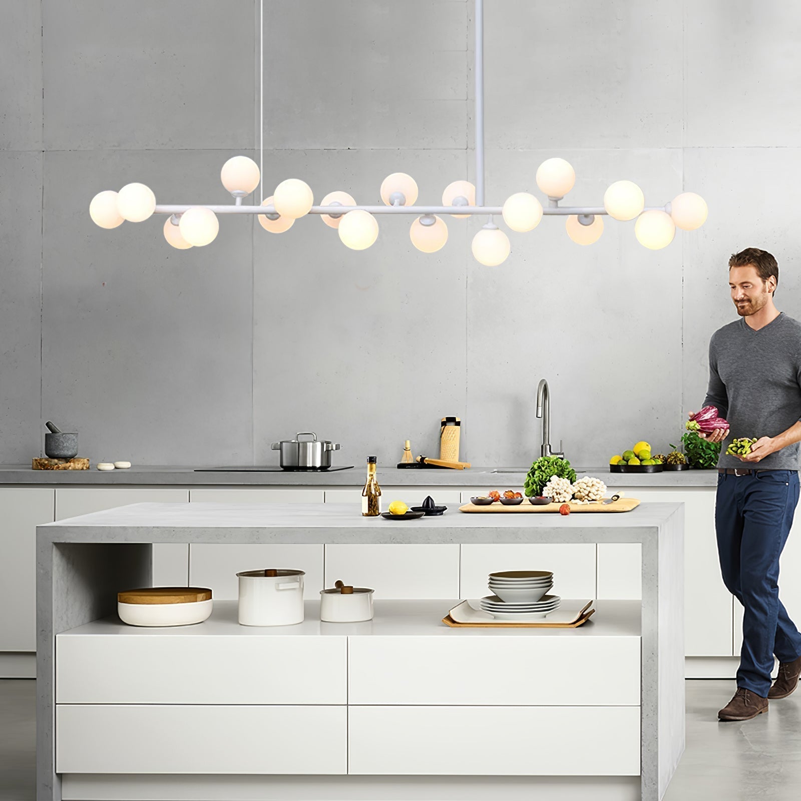 Modern Linear Multi Light Glass Ball Chandelier for Kitchen Island and Dining Room