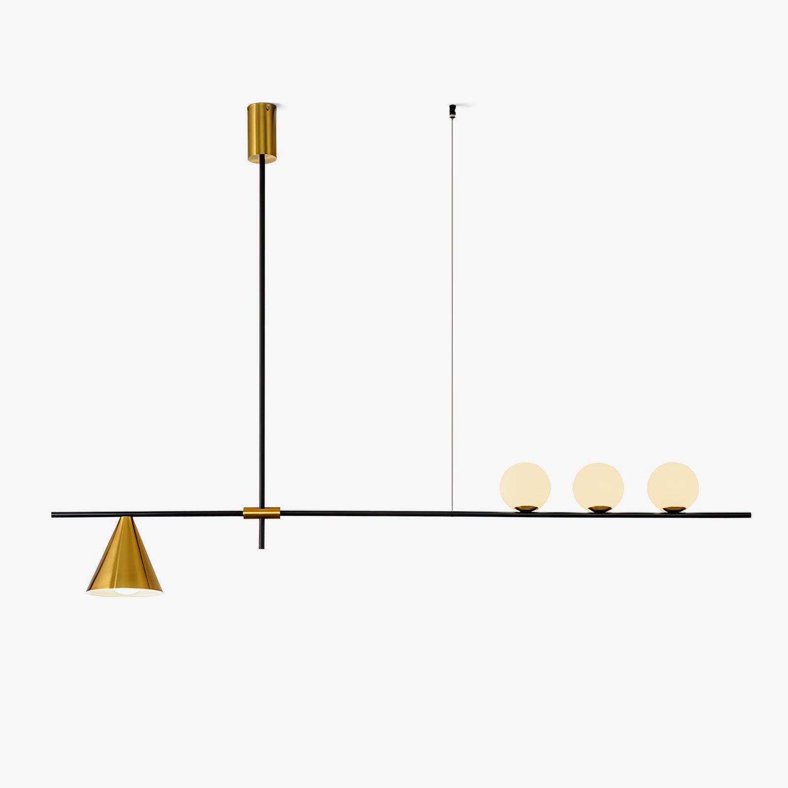 Modern Linear Pendant Chandelier with Opal Glass Globes and Architectural Metallic Design
