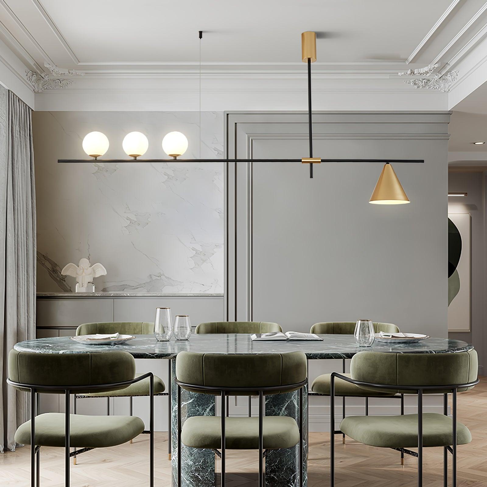 Modern Linear Pendant Chandelier with Opal Glass Globes and Architectural Metallic Design