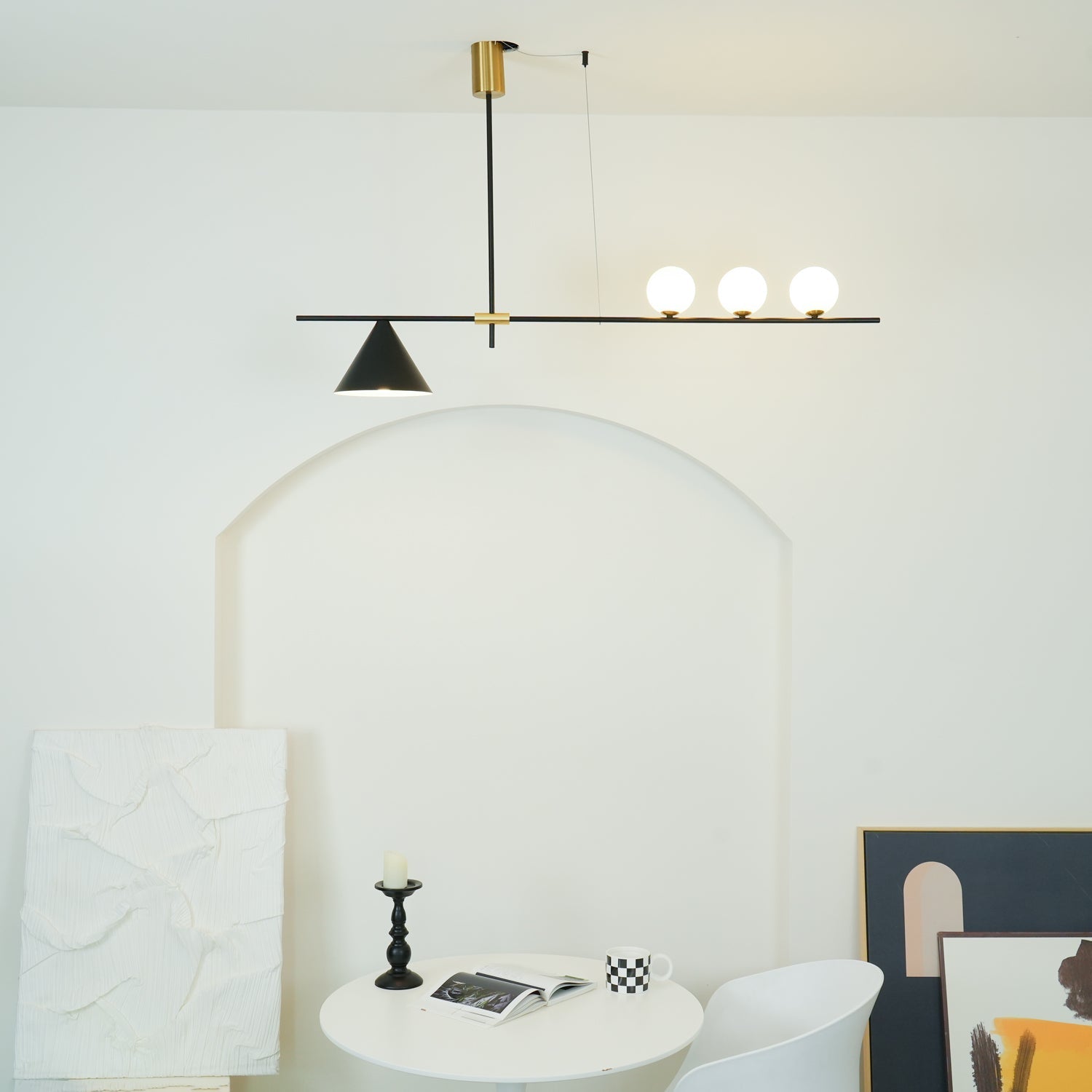 Modern Linear Pendant Chandelier with Opal Glass Globes and Architectural Metallic Design