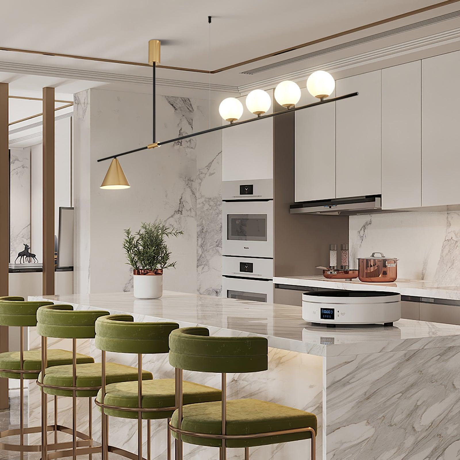 Modern Linear Pendant Chandelier with Opal Glass Globes and Architectural Metallic Design