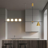 Modern Linear Pendant Chandelier with Opal Glass Globes and Architectural Metallic Design