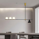 Modern Linear Pendant Chandelier with Opal Glass Globes and Architectural Metallic Design