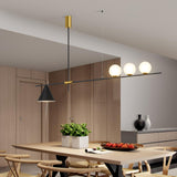 Modern Linear Pendant Chandelier with Opal Glass Globes and Architectural Metallic Design