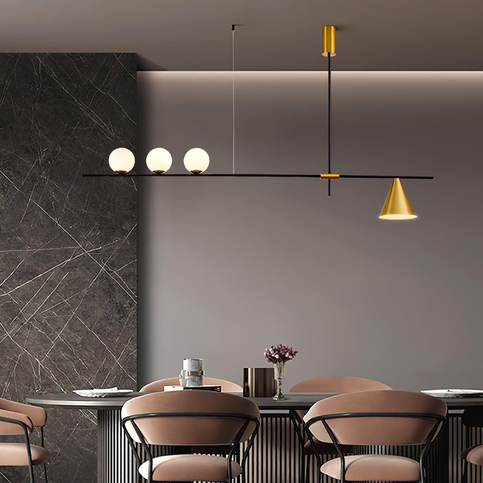 Modern Linear Pendant Chandelier with Opal Glass Globes and Architectural Metallic Design
