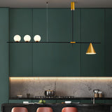 Modern Linear Pendant Chandelier with Opal Glass Globes and Architectural Metallic Design