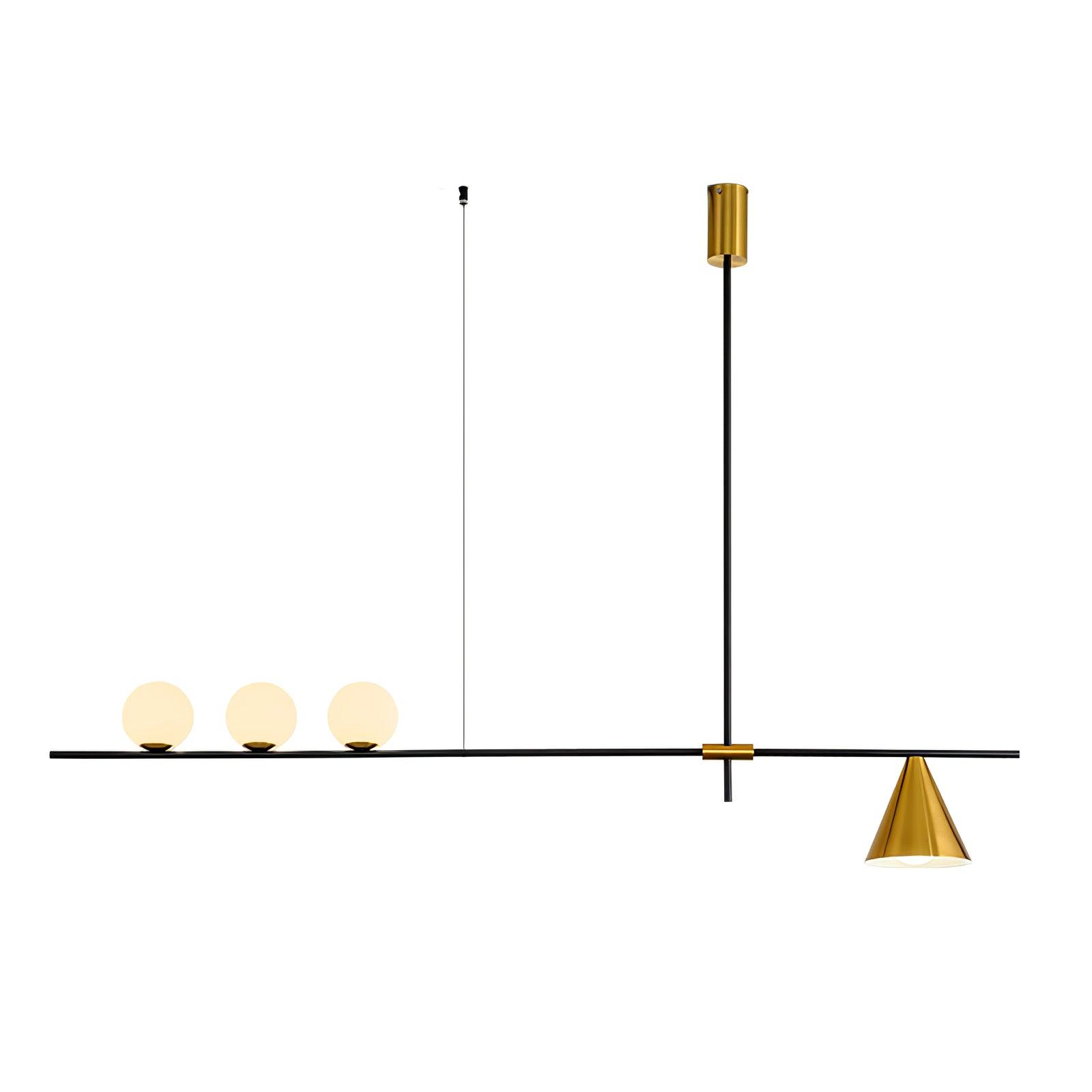 Modern Linear Pendant Chandelier with Opal Glass Globes and Architectural Metallic Design
