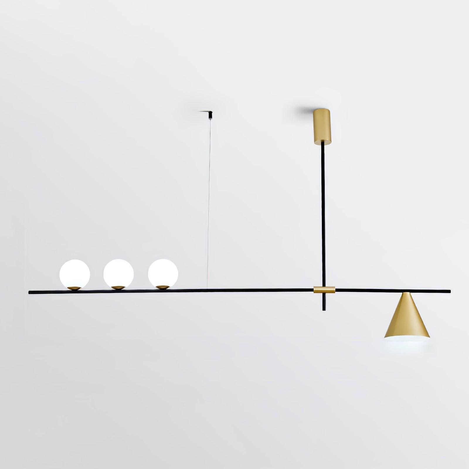 Modern Linear Pendant Chandelier with Opal Glass Globes and Architectural Metallic Design