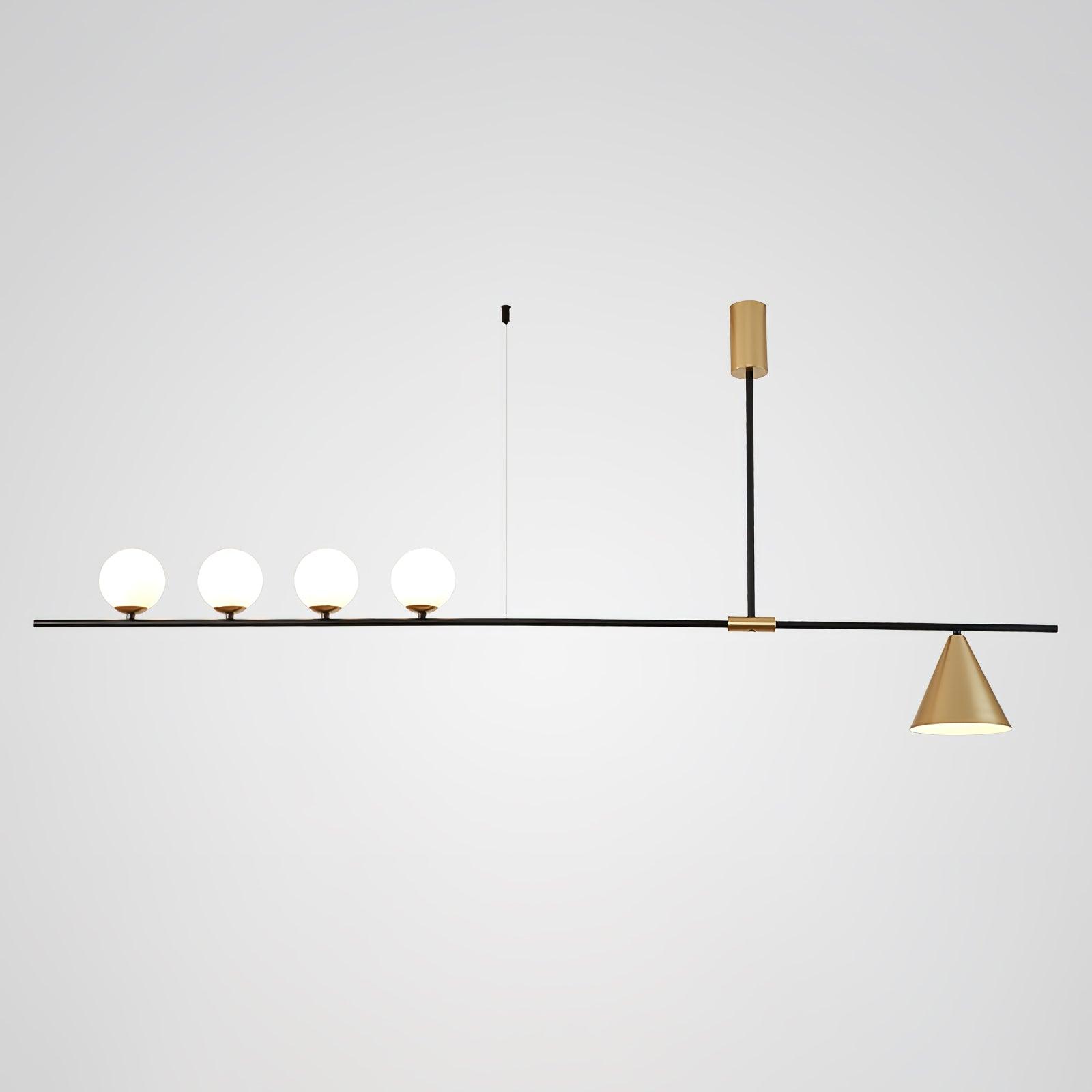 Modern Linear Pendant Chandelier with Opal Glass Globes and Architectural Metallic Design