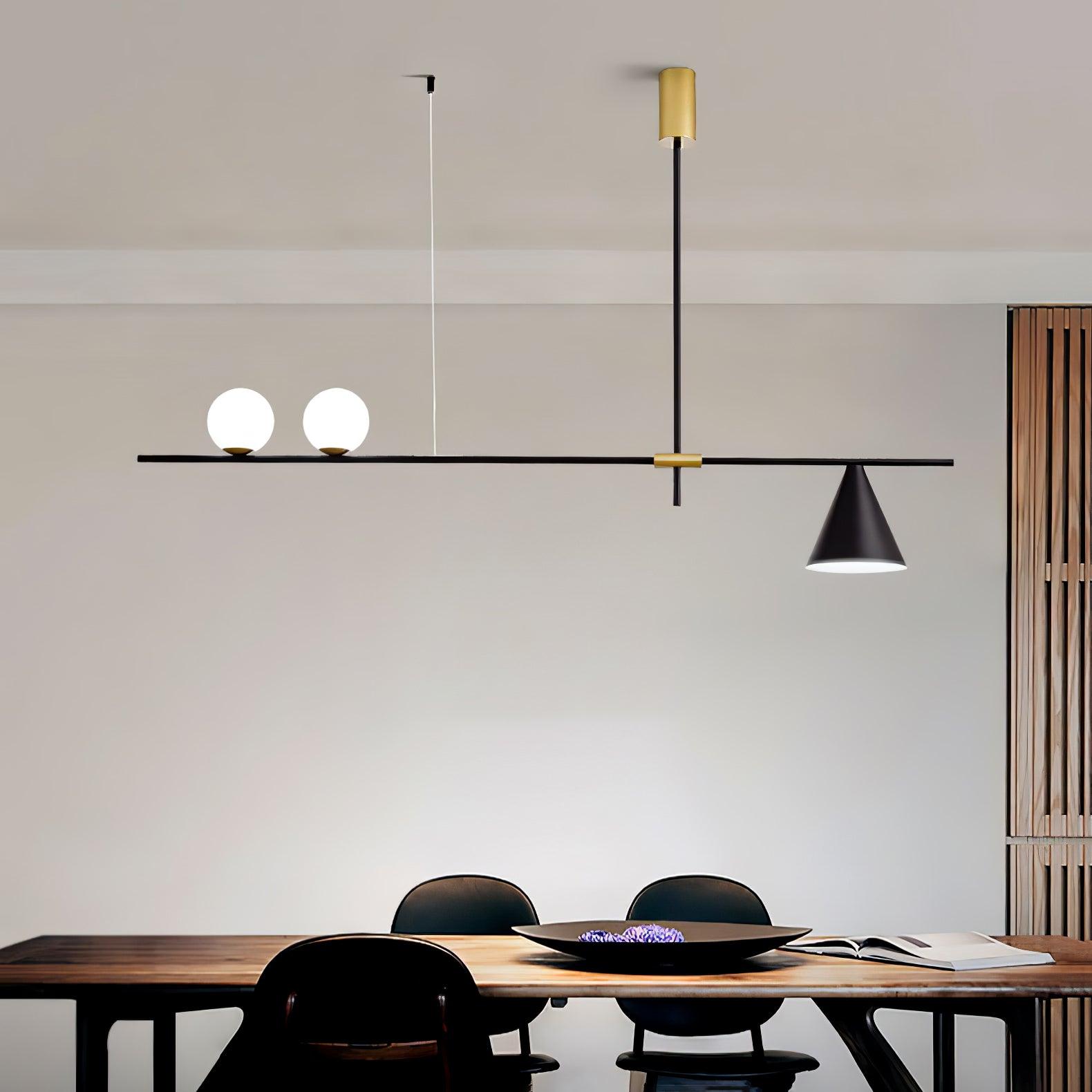 Modern Linear Pendant Chandelier with Opal Glass Globes and Architectural Metallic Design