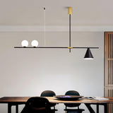 Modern Linear Pendant Chandelier with Opal Glass Globes and Architectural Metallic Design