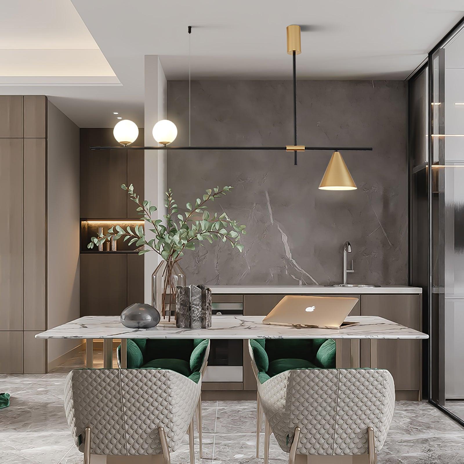 Modern Linear Pendant Chandelier with Opal Glass Globes and Architectural Metallic Design