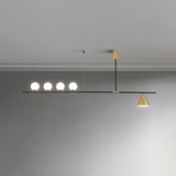 Modern Linear Pendant Chandelier with Opal Glass Globes and Architectural Metallic Design
