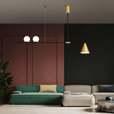 Modern Linear Pendant Chandelier with Opal Glass Globes and Architectural Metallic Design