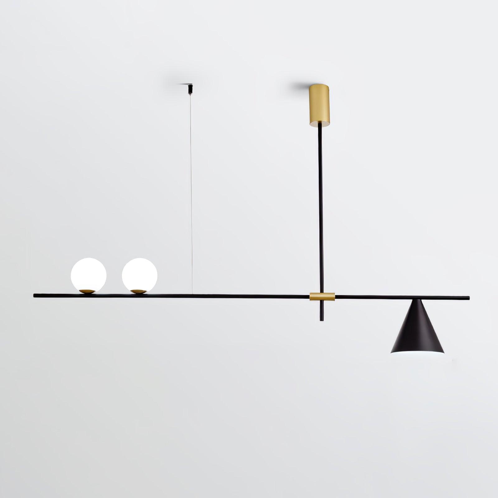 Modern Linear Pendant Chandelier with Opal Glass Globes and Architectural Metallic Design